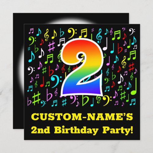 2nd Birthday Party Fun Music Symbols Rainbow 2 Invitation