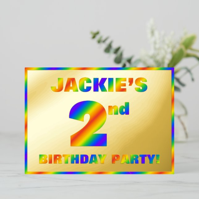 2nd Birthday Party — Fun, Rainbow Spectrum “2” Foil Invitation (Standing Front)