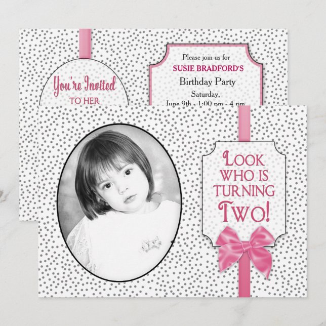 2nd BIRTHDAY Party Invitation -Bows & Polka Dots (Front/Back)