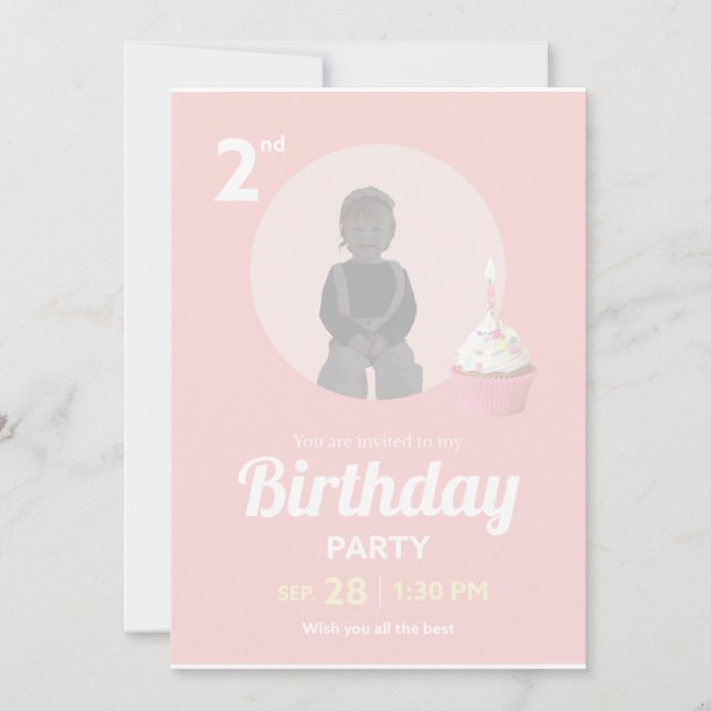 2nd Birthday Party Invitation Pink Cupcake Photo (Front)