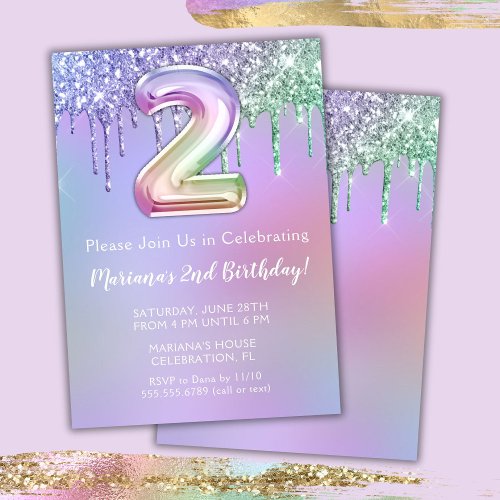 2nd Birthday Party Invitation Purple Pink Glitter