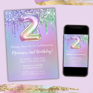 2nd Birthday Party Invitation Purple Pink Glitter