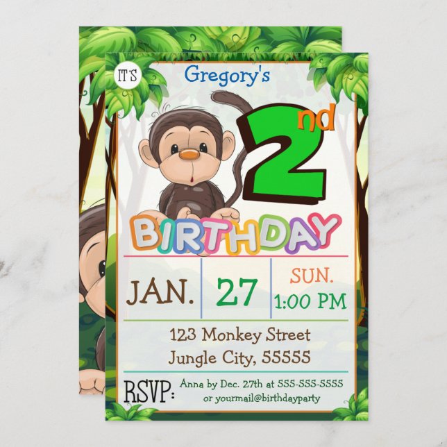 2nd Birthday Party Monkey Custom Invitation (Front/Back)