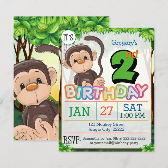 2nd Birthday Party Monkey Invitation (Front/Back)