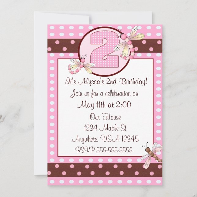2nd birthday party pink dragonfly girls invite (Front)