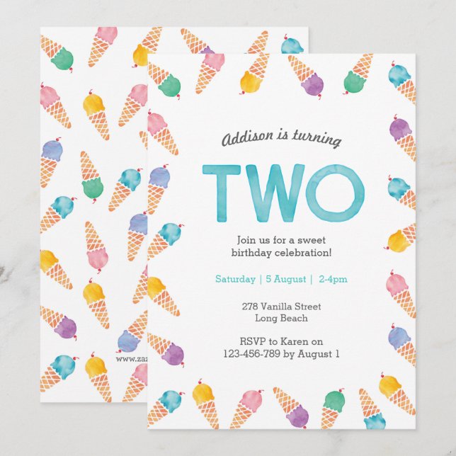 2nd Birthday Party | Rainbow Ice cream invitation (Front/Back)