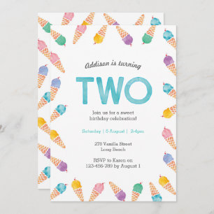 2nd Birthday Party Rainbow Ice cream invitation