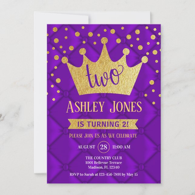 2nd Birthday Party - Royal Purple Gold Invitation (Front)