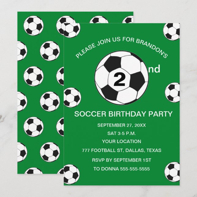 2nd Birthday Party Soccer Green Boys Sports Invitation (Front/Back)