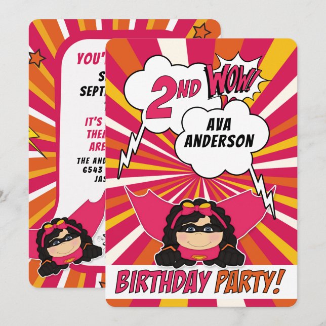 2nd Birthday Party Superhero Pink Comic for Girls Invitation (Front/Back)