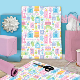 2nd Birthday Pastel Pink Cake Presents Balloons Wrapping Paper Sheets