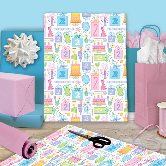 2nd Birthday Pastel Pink Cake Presents Balloons Wrapping Paper Sheets (Creator Uploaded)