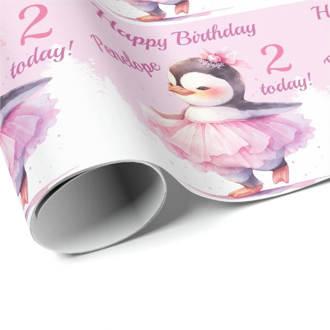 2nd Birthday Penguin Ballerina Pink Wrapping Paper (Roll Corner)
