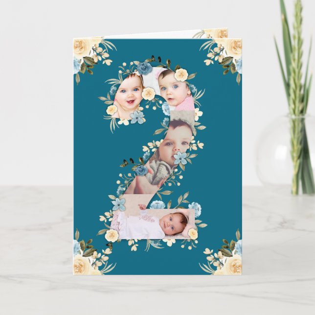 2nd Birthday Photo Collage Blue Yellow Flower Teal Card (Front)