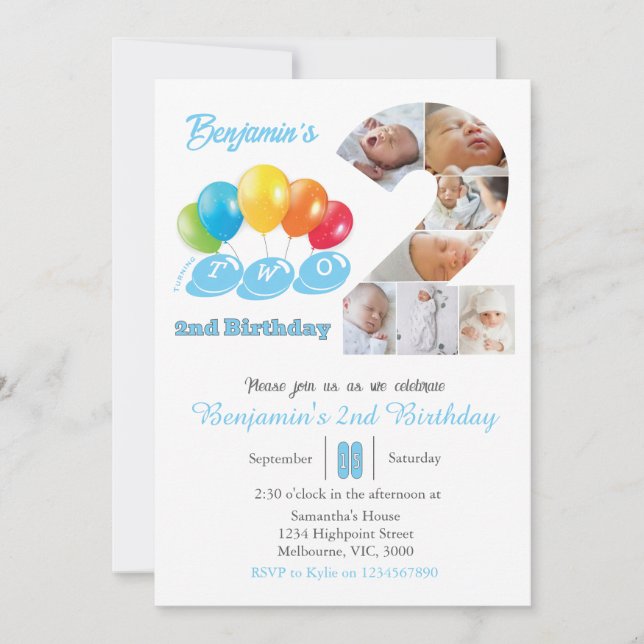 2nd birthday photo collage number 2 Boy Invitation (Front)
