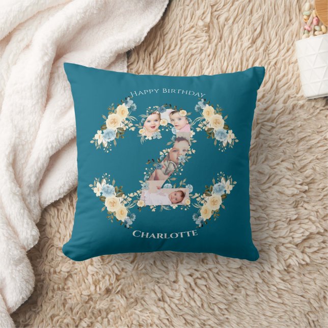 2nd Birthday Photo Collage Teal Blue Yellow Flower Throw Pillow (Blanket)