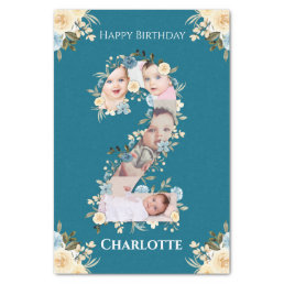 2nd Birthday Photo Collage Teal Blue Yellow Flower Tissue Paper