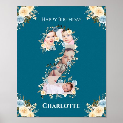 2nd Birthday Photo Teal Collage Blue Yellow Flower Poster