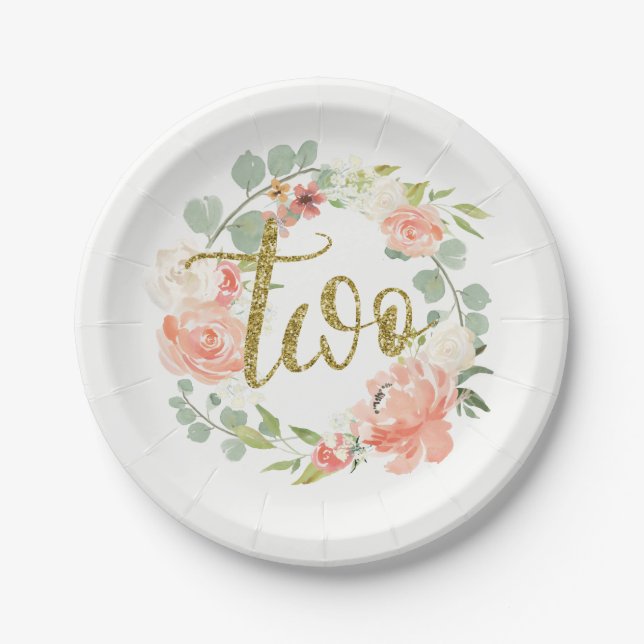 2nd Birthday Pink Gold Floral Wreath Paper Plate (Front)