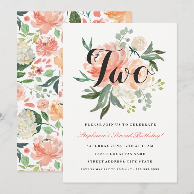 2nd Birthday Pink Peach Floral Two Invitation (Front/Back)