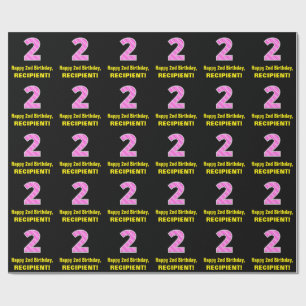 2nd Birthday: Pink Stripes and Hearts "2" + Name Wrapping Paper