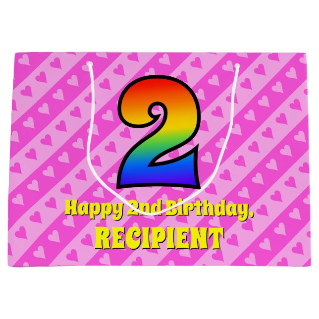 2nd Birthday: Pink Stripes & Hearts, Rainbow # 2 Large Gift Bag (Front)