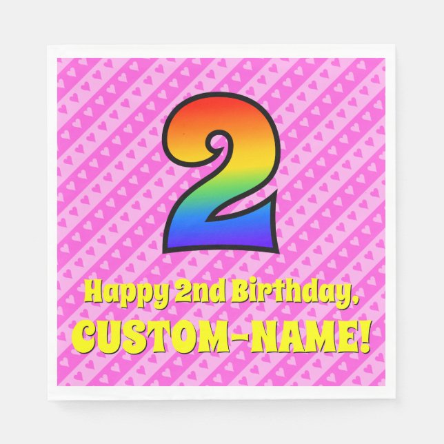 2nd Birthday: Pink Stripes & Hearts, Rainbow # 2 Napkins (Front)
