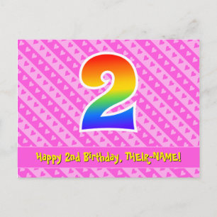 2nd Birthday: Pink Stripes & Hearts, Rainbow 2 Postcard