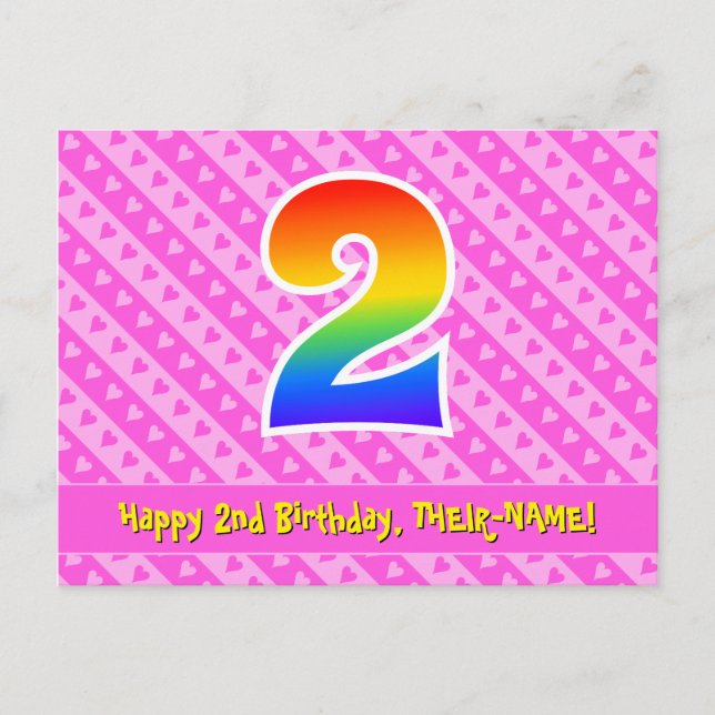 2nd Birthday: Pink Stripes & Hearts, Rainbow 2 Postcard (Front)