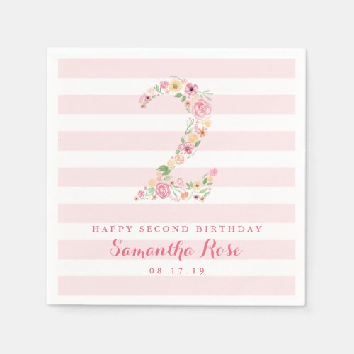 2nd Birthday Pink Stripes  Watercolor Floral TWO Napkins