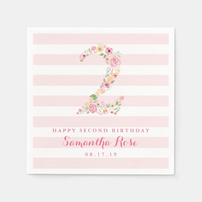 2nd Birthday Pink Stripes & Watercolor Floral TWO Napkins (Front)