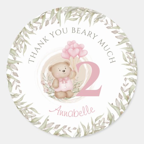 2nd Birthday Pink Teddy Bear Thank You Stickers