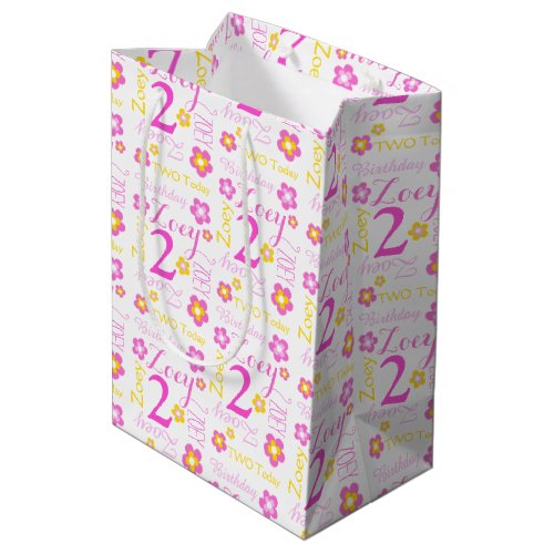 2nd Birthday pink yellow custom name gift bag