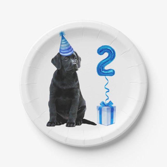2nd Birthday Puppy Theme- Cute Dog Blue Boy Pawty Paper Plates (Front)