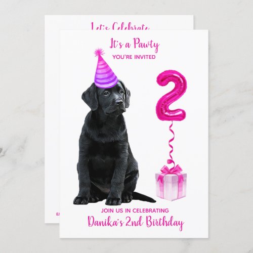2nd Birthday Puppy Theme_ Cute Dog Pink Girl Pawty Invitation