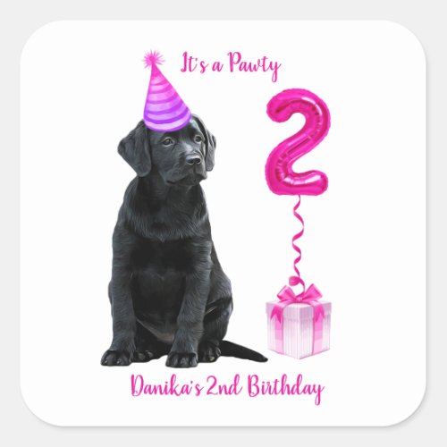 2nd Birthday Puppy Theme_ Cute Dog Pink Girl Pawty Square Sticker