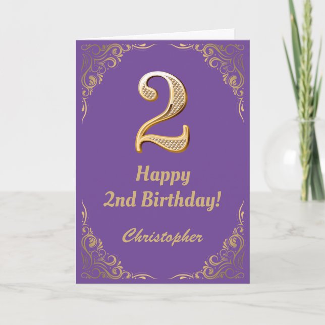 2nd Birthday Purple and Gold Glitter Frame Card (Front)