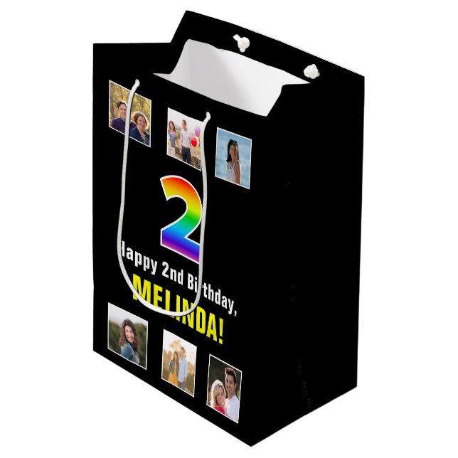 2nd Birthday: Rainbow “2“, Custom Photos & Name Medium Gift Bag (Front Angled)