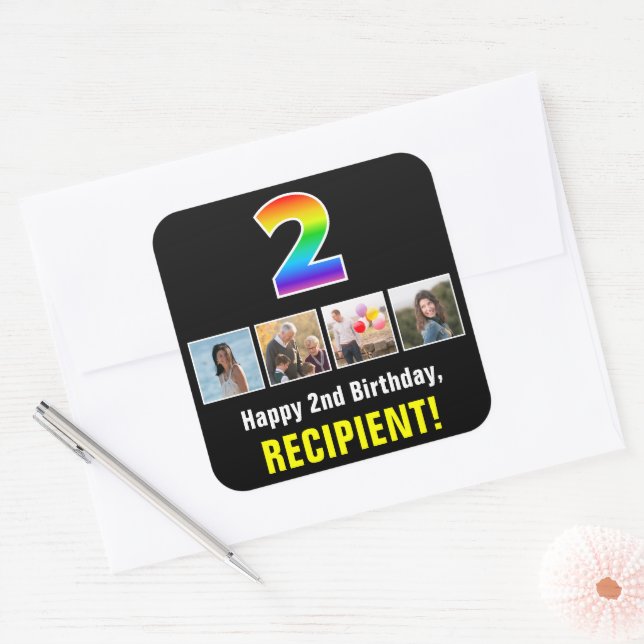 2nd Birthday: Rainbow “2”; Custom Photos & Name Square Sticker (Envelope)