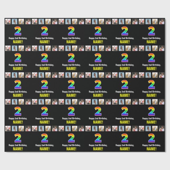 2nd Birthday: Rainbow “2“; Custom Photos & Name Wrapping Paper (Flat)