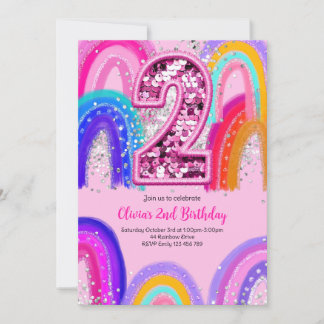 2nd Birthday Rainbow Pink Party Invitation