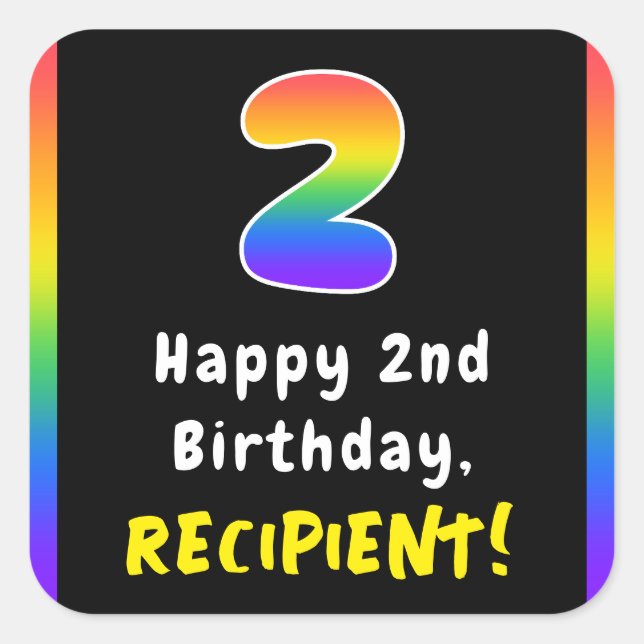 2nd Birthday: Rainbow Spectrum # 2, Custom Name Square Sticker (Front)
