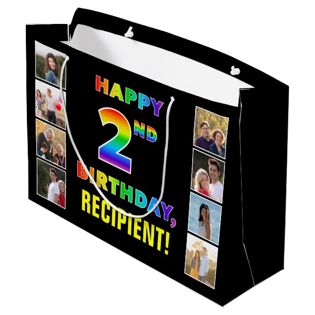 2nd Birthday: Rainbow Text, Custom Photos & Name Large Gift Bag (Back Angled)