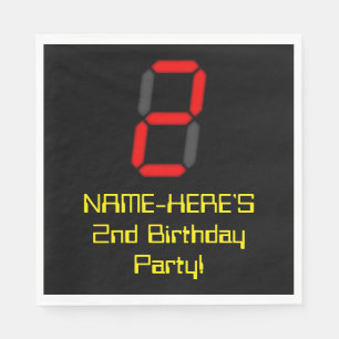 2nd Birthday: Red Digital Clock Style "2" + Name Napkins