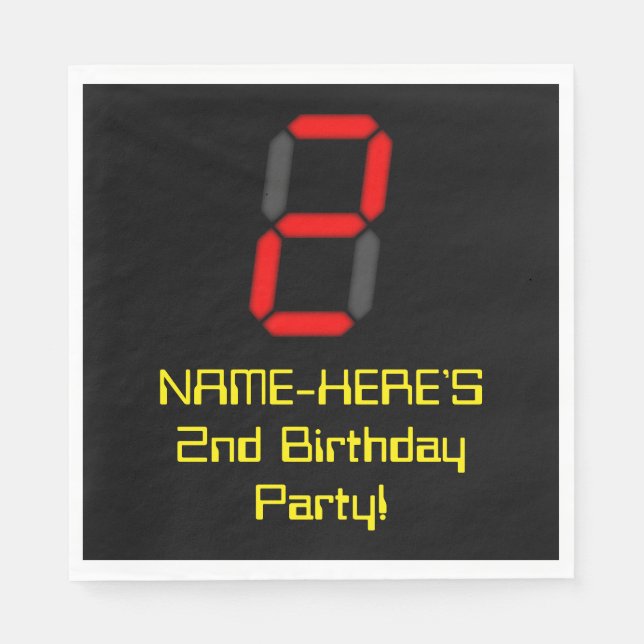 2nd Birthday: Red Digital Clock Style "2" + Name Napkins (Front)