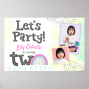 2nd Birthday Retro 90's Rainbow TWO Welcome Sign