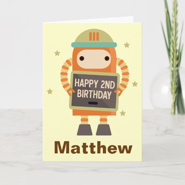 2nd Birthday Robot vintage personalized card (Front)