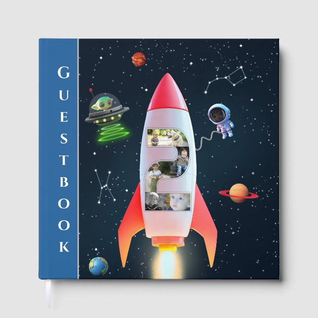 2nd Birthday Rocket Space | Huge One Photo Collage Foil Guest Book (Front)