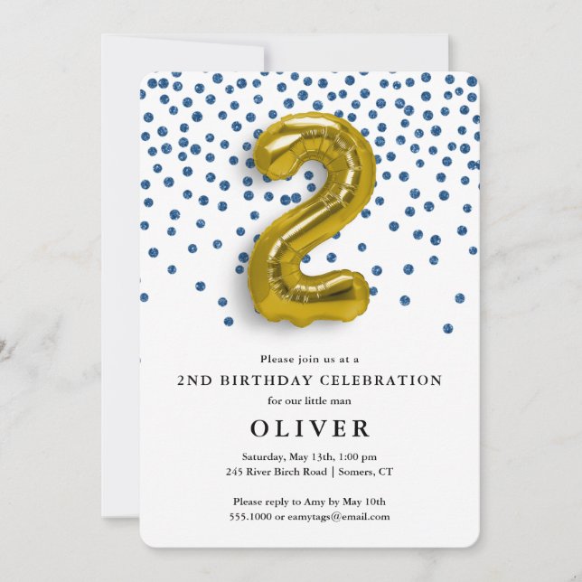 2nd Birthday Royal Blue Confetti and Gold Balloon Invitation (Front)