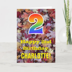 2nd Birthday; Rustic Autumn Leaves; Rainbow "2" Card